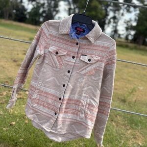 Women’s Rock & Roll Denim Pink and Cream Aztec Button Up Shacket, Size Small